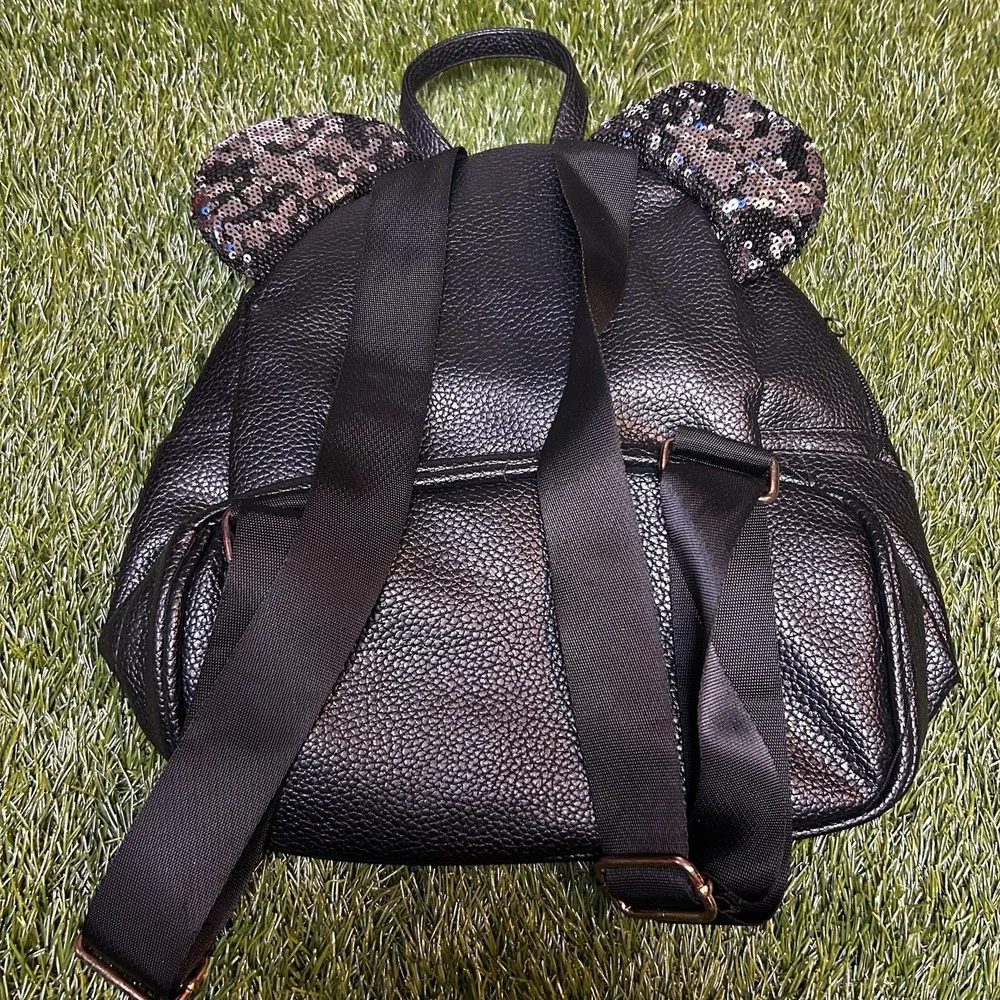 Disney Minnie Mouse Sequin Ear Mini Backpack Black Pebbled‎ Faux Leather Bow